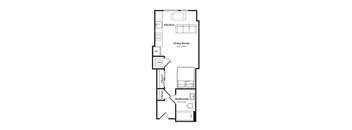 A floor plan of a small apartment with a kitchen, living room, and bathroom.