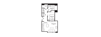A floor plan of a small apartment with a living room, kitchen, bathroom and bedroom.
