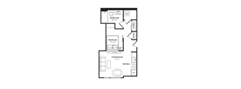 A floor plan of a small apartment with a bedroom, living room, kitchen and bathroom.