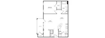 A black and white floor plan of a small apartment with a bedroom, living room, and kitchen.