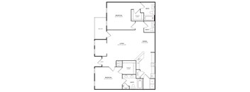 A floor plan of a home with two bedrooms, a living area, a dining area, a bathroom, a balcony, a pantry, a laundry room, and an entry.
