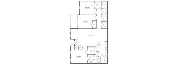 A floor plan of a house with three bedrooms and a balcony.
