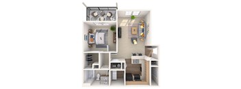 A 3D floor plan of a small apartment with a kitchen, living room, and bathroom.