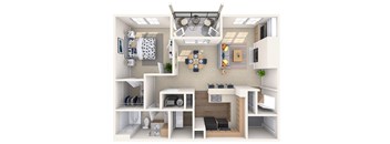 A 3D floor plan of a small apartment with a kitchen, living room, and bathroom.