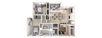 A 3D floor plan of a small apartment with a kitchen, living room, and bathroom.