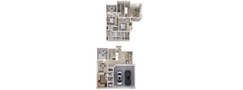 A floor plan of a two-story apartment with a garage.