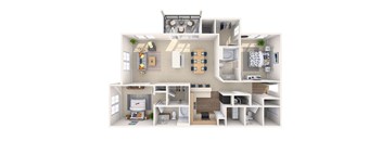 A 3D floor plan of a house showing the layout of the rooms.