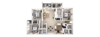 A 3D floor plan of a small apartment with a kitchen, living room, and two bedrooms.