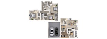 A 3D floor plan of a house with a car parked in the garage.
