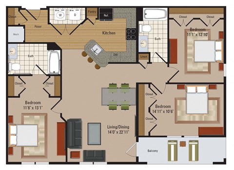 Windsor Leesburg Apartments for Rent- Floorplan - 3 Bedroom - C3