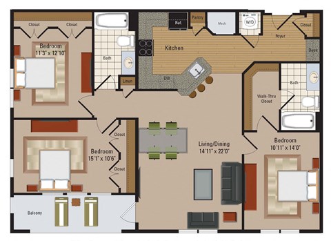Windsor Leesburg Apartments for Rent- Floorplan - 3 Bedroom - C4