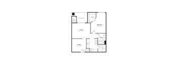 A floor plan of a small apartment with a living room, dining room, kitchen, and bathroom.