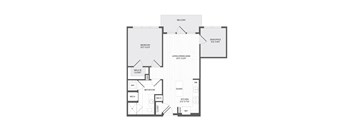 A floor plan of an apartment with a balcony, bedroom, living room, dining area, kitchen, bathroom, and two mech rooms.