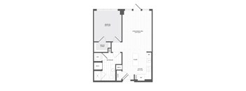 A floor plan of a home with a bedroom, living/dining area, bathroom, kitchen, and two mechanicals.