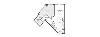 A floor plan of a house with a bedroom, bathroom, living/dining area, kitchen, pantry, and walk-in closet.