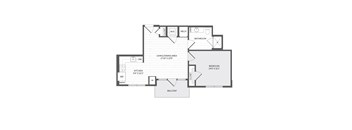 A floor plan of a house with a living area, kitchen, bathroom, bedroom, and pantry.