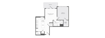 A floor plan of an apartment with a living area, kitchen, bathroom, and bedroom.