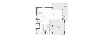 A floor plan of an apartment with a living area, kitchen, bathroom, and bedroom.