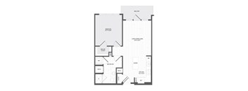 A floor plan of an apartment with a bedroom, living area, bathroom, kitchen, and walk-in closet.