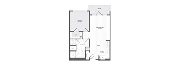 A floor plan of an apartment with a balcony, two bedrooms, a living room, a bathroom, a kitchen, a dining area, and a parking space.