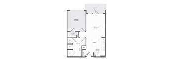 A floor plan of an apartment with a bedroom, bathroom, kitchen, and living room.