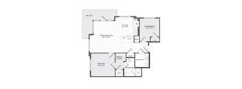 A floor plan of a house with a balcony, living/dining area, kitchen, two bedrooms, two bathrooms, a pantry, and a den/bedroom.