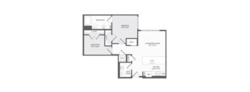A floor plan of a house with a bedroom, bathroom, kitchen, living area, and closet.