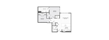 A black and white floor plan of a house with a living area, kitchen, bathroom, and bedrooms.