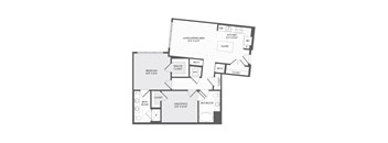 A floor plan of a house with a living/dining area, kitchen, bedroom, bathroom, and closets.
