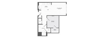 A floor plan of a house with a kitchen, living room, dining room, bathroom, and bedroom.