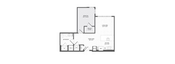 A floor plan of a house with a bedroom, living area, dining area, bathroom, and kitchen.