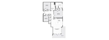 A floor plan of an apartment with two bedrooms, a living area, a kitchen, a bathroom, a den/office, and a balcony.