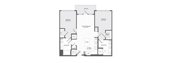 A floor plan of a house with two bedrooms, a living/dining area, a kitchen, two bathrooms, and a laundry area.
