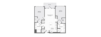 A floor plan of a house with two bedrooms, a living/dining area, a kitchen, two bathrooms, and a balcony.