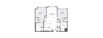 A black and white floor plan of a house with two bedrooms, a living area, a kitchen, two bathrooms, and a laundry area.