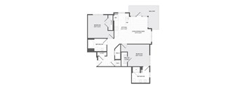 A floor plan of a house with a balcony, pantry, two bedrooms, a living/dining area, two bathrooms, and a walk-in closet.