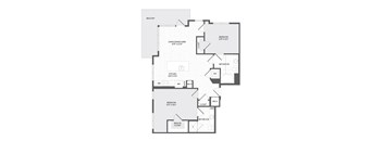 A floor plan of an apartment with a living area, two bedrooms, a kitchen, and a bathroom.