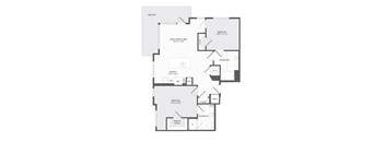 A floor plan of a home with a living area, dining area, kitchen, and two bedrooms.