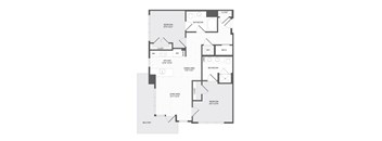 A floor plan of an apartment with a living area, dining area, kitchen, bathroom, bedroom, and closet.