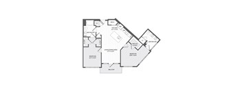 A floor plan of a house with a living area, two bedrooms, a bathroom, a kitchen, a balcony, and a walk-in closet.