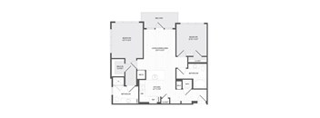 A floor plan of an apartment with two bedrooms, a living area, a kitchen, a bathroom, a patio, and a walk-in closet.