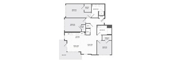 A floor plan of an apartment with a living area, two bedrooms, a dining area, a kitchen, a bathroom, and a balcony.