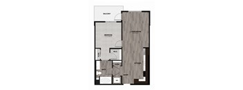 A floor plan of a small apartment with a bedroom, living room, kitchen, bathroom, and closet.