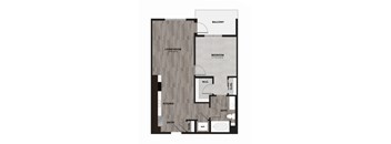 A floor plan of an apartment with a living room, bedroom, kitchen, and bathroom.