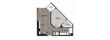 A floor plan of a house with a living room, bedroom, kitchen, bathroom, and balcony.