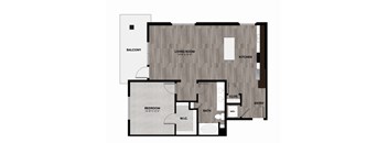 A floor plan of a small apartment with a bedroom, living room, kitchen, and bathroom.