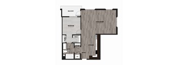 A floor plan of a house with a living room, kitchen, bedroom, bathroom, and closet.