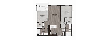 A floor plan of a house with a living room, kitchen, two bathrooms, a master bedroom, a bedroom, and a balcony.