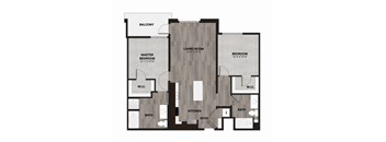 A floor plan of a home with a living room, two bedrooms, a kitchen, a bath, and a balcony.