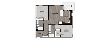 A floor plan of a house with a balcony, two bedrooms, a living room, a kitchen, a bathroom, and an entry closet.
